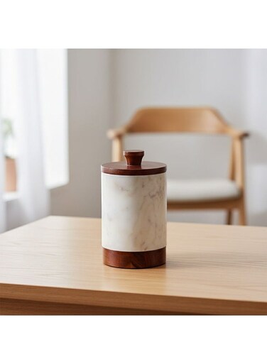HOME Loretta Marble &amp; Wood Storage Jar - 10x10x17cm   Stylish Food Storage Container   Durable Kitchen Organization   Beige Oak Design