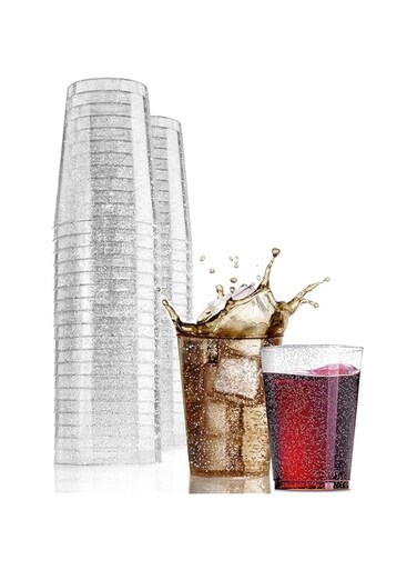 KWSLIN Disposable Plastic Cups, 20 Pack 10oz Silver Glitter Plastic Cups, Clear Plastic Tumblers, Elegant Appearance and easy to clean, Silver Plastic Cups for Wedding, Thanksgiving, Party Cups