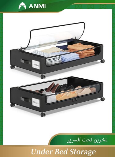 2 PCS Under Bed Storage with Wheels, 50L Under The Bed Storage Organizer with Clear Lids , Rolling Drawers Bins for Clothes,Shoes,Toys(Black)