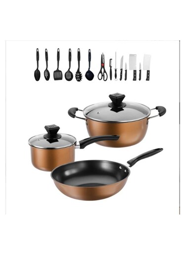 Gold three-piece set + 14-piece kitchenware set, kitchenware set, cookware set, frying pan + soup pot + small coffee pot