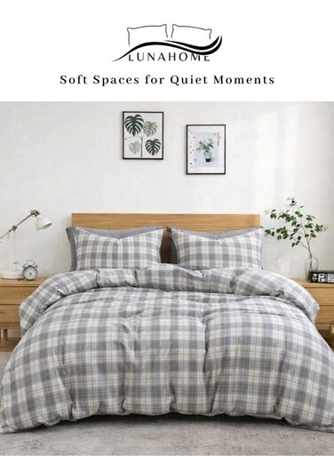 Home Queen Size 6 Pieces without filler complete, Grey Checkered Design Bedding set.