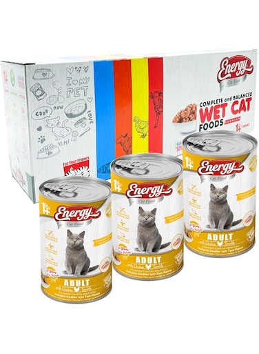 ENERGY CAT FOOD - Premium Cat Wet Food with Chicken, Maximum palatability, Balanced Nutrition, Energy and Taste - Pack of 3x400g Can