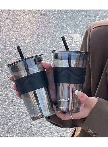 Glass Coffee Tumbler with Straw and Lid Sealed Carry on, Glass Iced Coffee Cup, Leak-Proof Glass Tumbler Cup, Reusable Smoothie Mugs for Cold &amp; Hot Drinks, Coffee, Tea, Shake (Grey)
