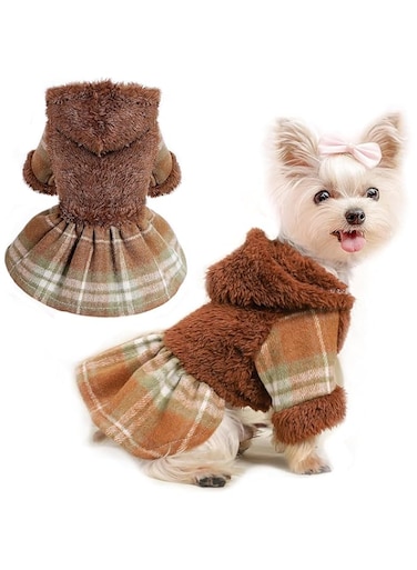 Dog Hoodie Dress, Winter Dog Sweaters for Small Dogs Girl, Cold Weather Warm Puppy Dresses Pink Plaid Pet Clothes Outfits for Chihuahua Yorkie Teacup Cat Skirt Coat Apparel Clothing (XX-Small, Brown)