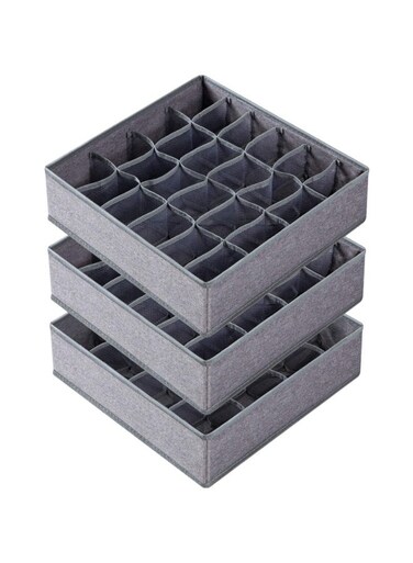 3 Pack Sock Underwear Organizer Dividers, 64 Cell Drawer Organizers Fabric Foldable Cabinet Closet Organizers and Storage Boxes for Storing Socks, Underwear, Ties (16+24+24 Cell, Gray)