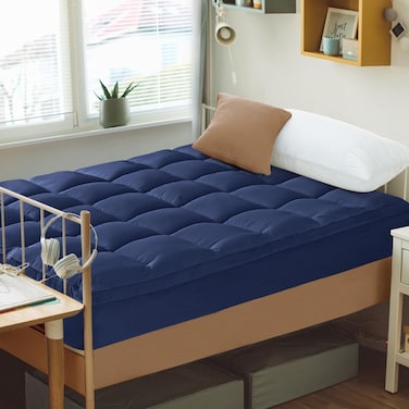 600 GSM Luxury Mattress Topper &ndash; Super Soft Fluffy Bed Pad with Elastic Bands, Extra Thick Breathable Hotel Comfort   Cozy Home Feel better (Navy Blue, King Size - W180 x L200 cm)