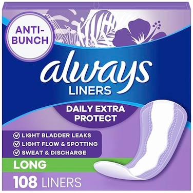 Always Anti-Bunch Xtra Protection, Panty Liners For Women, Light Absorbency, Long Length, Leakguard + Rapiddry, Unsent, 108 Count