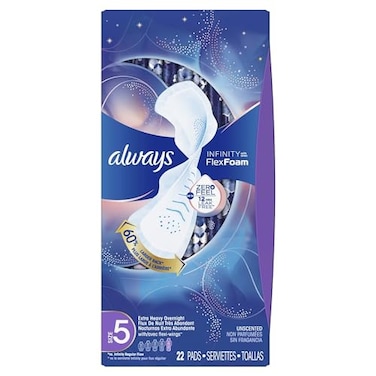 Always Infinity Flexfoam Pads For Women, Size 5, Extra Heavy Overnight Absorbency, Unscented, 22 Count