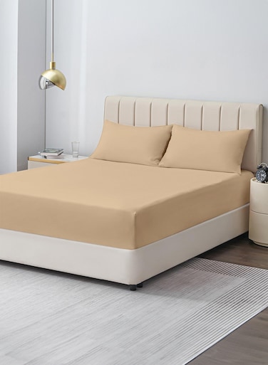 Linen Double Plain Fitted Elastic Bedsheet with 2 Pillow Case 160 x 200 Cm Beige