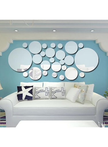 26PcsSet Acrylic Polka Dot Wall Mirror Stickers Home Party Decor Art Mural Diy Decals Decal Room Decoration, Silver
