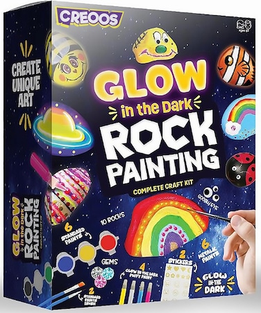 Creoos Rock Painting Kit for Kids Glow in The Dark Arts and Crafts Toys 12 Acrylic Paint 10 Rocks Stickers Gems Craft Summer Activities Kits Art Set DIY Supplies Birthday Gifts Toys for Girls and Boys