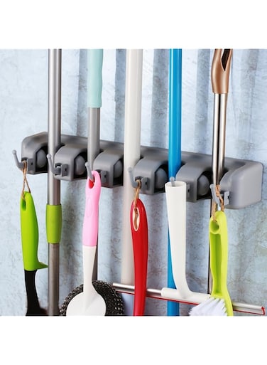 Togu Mop And Broom Holder Wall Mounted 5 Position Storage Rack With 6 Retractable Hooks Holds Up To 11 Tools Utility Weatherproof For Garage Systems Organizer,Gray