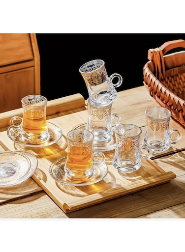 Glass Tea Cups and Saucers Set, Golden Moroccan Tea Cups with Handle, Espresso Cups and Saucers Set,Perfect for Tea Party, Gifts Housewarming, Weddings, Anniversary&iuml;&frac14;&OElig;Ramandan