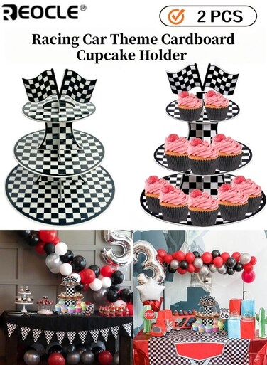 2PCS 3 Tier Racing Car Theme Cardboard Cupcake Holder Checkered Cupcake Stand for 8 to 12 Cupcakes Suitable for Racing Car Birthday Party Supplies for Kids Boys Girls