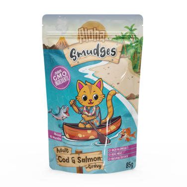 Aloha Smudges Cod &amp; Salmon Adult Cat wet food in Gravy 85g Pouch-Pack of 20