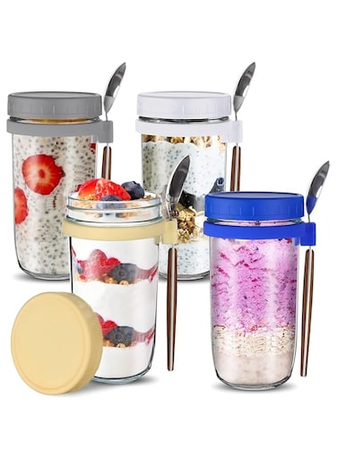 Premify 4 Pack 600ml Overnight Oats Jars with Lids &amp; Spoons, Reusable Glass Overnight Oats Container With Measurement Marks, Food Storage For Breakfast Pots, Oatmeal Container For Milk, Cereal, Fruit.