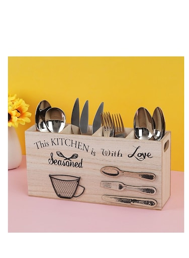 Wooden Silverware Holder, 4 Compartments Kitchen Utensil Holder for Countertop,Rustic Spoon Tools Storage Caddy Decoroon Decor