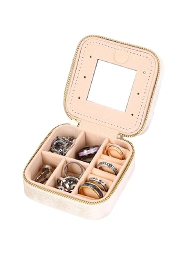 Jewelry Box Organiser, Mini Velvet Jewelry Case with Mirror, Travel Jewelry Storage Box for Rings Earrings Necklaces Portable Jewellery Organizer (One size, White)