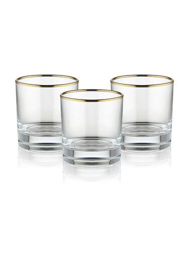 Set of 3 Short Gold Rim Tumblers Glass Double Old Fashioned Rocks Glass 300ML Made In Turkey