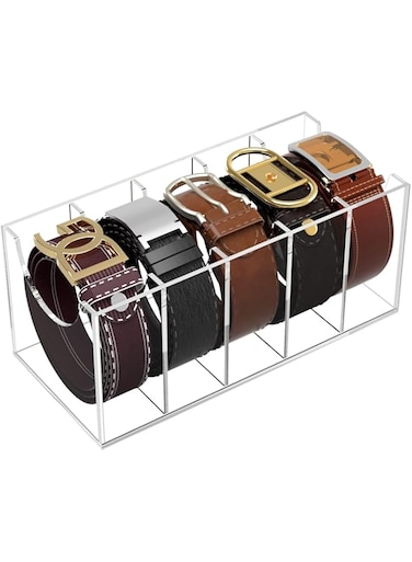 NIUBEE Belt Organizer, Acrylic Belt Storage Holder for The Closet, 5 Compartments Display Case for Tie and Bow Tie