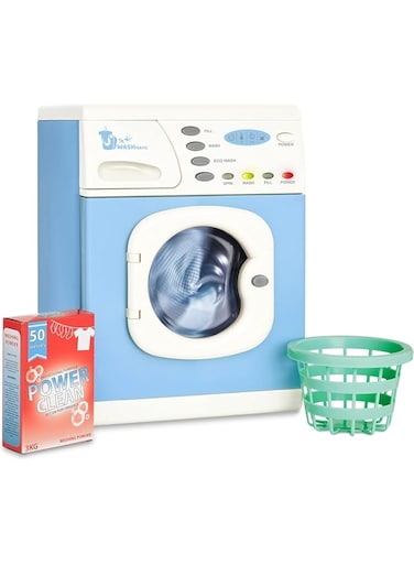 Casdon Blue Electronic Washer - Toy Washing Machine with Spinning Drum, Lights, &amp; Sound Effects - includes Laundry Basket &amp; Washing Powder Box - Playset for Children Aged 3+