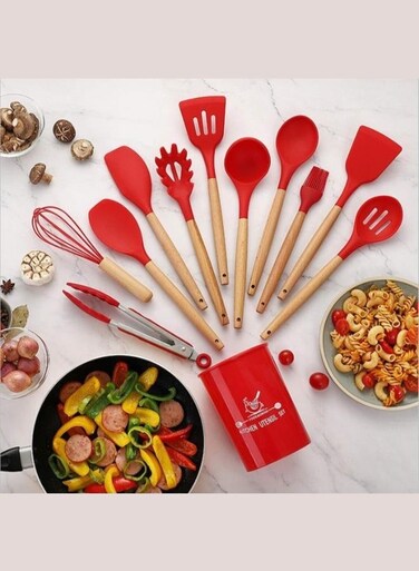 LLC 12 Piece Silicone Cooking Utensil Set with Wooden Handles &acirc;&euro;&ldquo; Heat Resistant Non-Stick Safe Dishwasher Safe