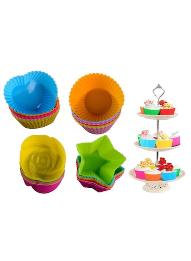 seven Reusable Silicone Cupcake Liners - Set of 24   Nonstick Baking Cups   Easy Clean Muffin Molds - 4 Shapes: Round, Stars, Heart, Flowers   Colorful Pastry Accessories Random Color