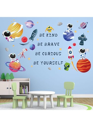 Amimagen Outer Space Astronaut Wall Stickers - Be Kind Be Brave Inspirational Quotes Planets Rocket Boys Wall Decals - Baby Nursery Kids Room Daycare Wall Decor