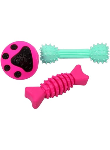 Dog Toys Chew Products Set &ndash; Puppies Teething Toys Pack &ndash; Rubber Ball, Chew Candy Bone &amp; Teething Dumbbell   Suitable for All Dogs, Non-toxic, Washable &amp; Safe for Pets   Colourful, Bouncy &amp; Fun