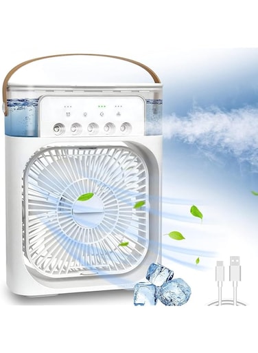 BORTONY Portable Air Conditioner Fan, Portable AC Quiet Personal Air Cooler with 7 Colors LED Light USB Powered Mini Desktop Cooling Misting Fan 3 Wind Speeds 3 Spray Modes Cooler Fan (White)