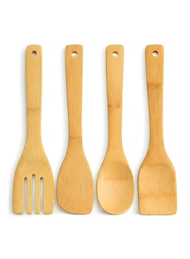 Wooden Spoons For Cooking 4 Piece Organic Bamboo Utensil Set For High Heat Stirring In Nonstick Pots &amp; Pans Quality