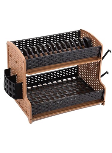 RoyalFord Galaxy 2 Layer Rattan Dish Rack, Plastic Drip Tray, RF10798 Multi Purpose Tier Rack with Cup Holder &amp; Cutlery for Kitchen Countertop, Multicolor