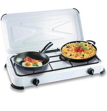 Veltric 2 Burner Stainless Steel Gas Cooktop with Cover &ndash; Portable Camping Stove for Home Kitchen, Outdoor Cooking &amp; Travel, Compact Design, Double Burner Gas Cooker