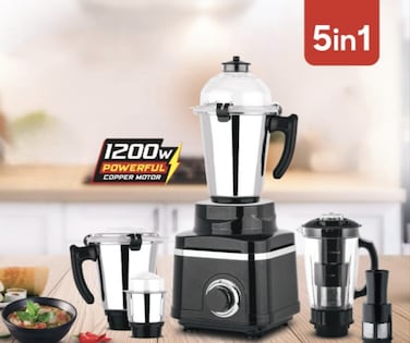 5 in 1 Heavy Duty Blender, Juicer &amp; Spice Grinder &ndash; Powerful Copper Motor, Stainless Steel Blades, Multi-Function Mixer Grinder for Juices, Smoothies, Chutney, and Dry Grinding