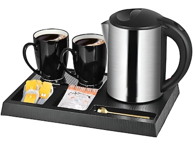 Vantix Hotel Kettle Set with 2 Ceramic Cups with  &ndash; 1000ml Stainless Steel Electric Kettle for Tea &amp; Coffee &ndash; Guest Room Hospitality Set for Hotel, Guest House, Office &amp; Travel Use