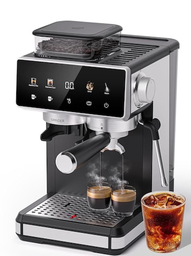 Espresso Coffee Machine with Grinder &ndash; 20 Grind Settings, Hot &amp; Cold Brew, Digital Touch Screen, Steam Wand, Double Cup Function, Stainless Steel Barista Coffee Maker