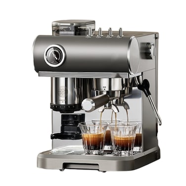 Espresso Coffee Machine with Grinder 19 Bar&ndash; High Pressure Steam Pump, Perfect Crema Maker, Double Cup Espresso Machine with Milk Frother &amp; Accessories, Stainless Steel