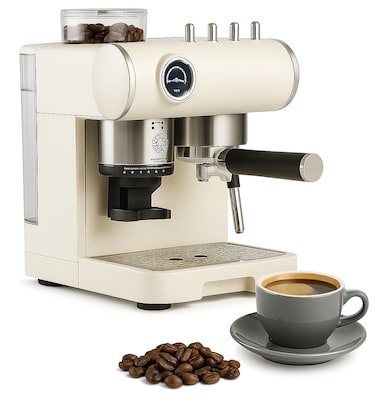 Espresso Coffee Machine 19 Bar with Grinder &ndash; High Pressure Pump for Perfect Extraction &amp; Rich Crema, Built-in Coffee Grinder, Stainless Steel Accessories, Professional Barista