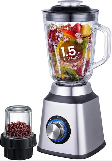 2 in 1 Blender 400W &ndash; 1.5L Glass Jar &amp; Grinder, Stainless Steel Blades &amp; Base, 2 Speed + Pulse Function, , LED Light Safety Lock &ndash; 2 in 1 Blender for Smoothies, Juices &amp; Ice Crusher, Grinding