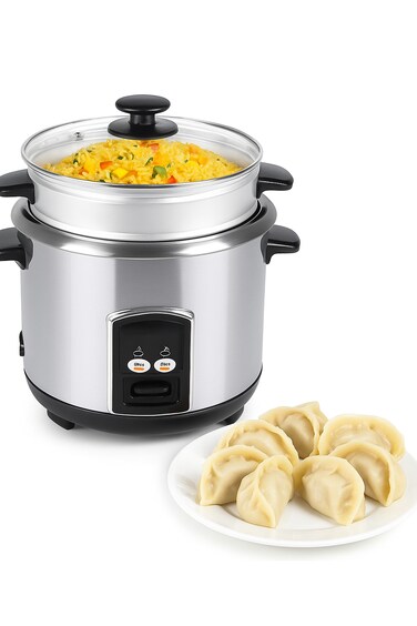 Rice Cooker 2.8L with Steamer 1000W &ndash; Stainless Steel Body with Tempered Glass Lid, Auto Shut-Off, Keep Warm Function, Non-Stick Inner Pot