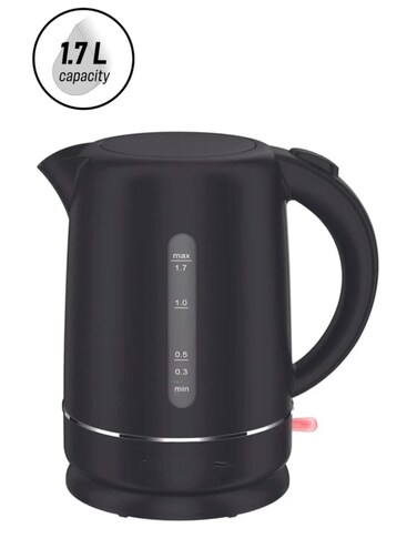 Electric Kettle 1.7L Black Plastic Body &ndash; 2200W Fast Boil, Side Water Window, 360&deg; Swivel Base, Auto Shut-Off &amp; Boil-Dry Protection