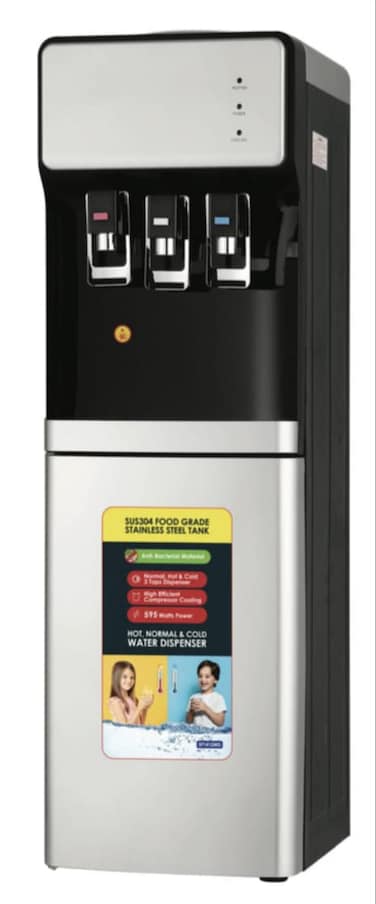 Top Loading Water Dispenser with Storage Cabinet &ndash; 3 Taps Hot, Cold &amp; Normal, Stainless Steel Tank, High-Efficiency Compressor Cooling for Home &amp; Office