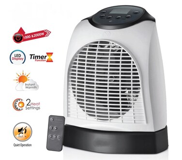 Room Heater 2000W with Dual Heating&ndash; Adjustable Thermostat, Cool/Warm/Hot Wind Modes, Remote Control, LED Display, Timer &amp; Wide-Angle Oscillation