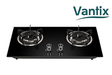 Vantix 2 Burner Gas Hob &ndash; Extra Hard Tempered Glass, Stainless Steel Tray, Heavy Cast Iron Burners with Blue Flame Pulse Ignition &amp; Low Gas Consumption