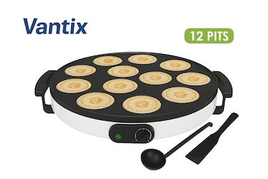 Vantix Electric Crepe Maker 12 Pit  40cm Non-Stick Hot Plate   High-Temperature Fast Baking Machine for Mini Pancakes, Snacks & Breakfast  Easy to Clean, with Scoop & Shovel Accessories