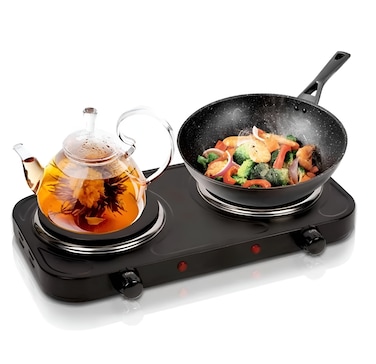 Double Electric Hot Plate 2-Burner 2000 W &ndash; Adjustable Thermostat, Overheat Protection, Stainless Steel Body Adjustable Temperature Control, Compact Electric Stove