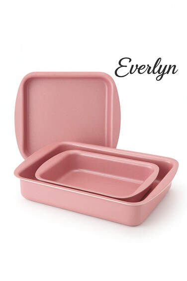 Everlyn 3-Piece Granite Square Pan Set – Non-Stick Baking & Roasting Tray Set Pink (32x22, 35x25, 38x28 cm), Heavy-Duty Carbon Steel, Oven & Dishwasher Safe