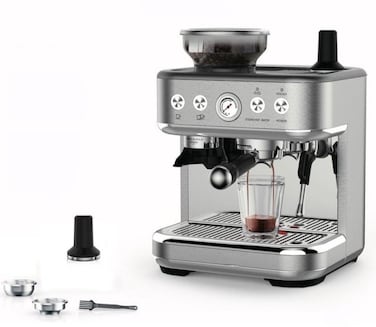 Commercial Espresso Coffee Machine with Built-In Grinder   15-Bar High Pressure Pump   Stainless Steel Construction   Large 2.3L Water Tank   Professional Caf&eacute;-Style Coffee Maker