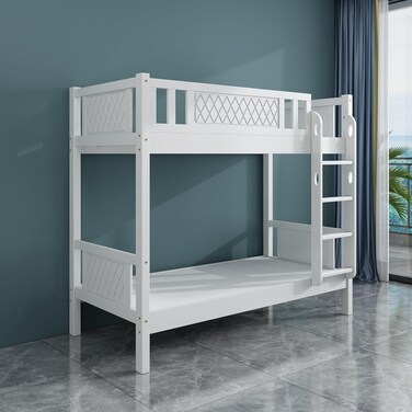 INFINI HOMES Heavy Duty Wooden Bunk Bed With Ladder for Kids, Teens, Bedroom, Guest Room Solid Wooden Bedframe, Full-Length Guardrail 0.9M Color White (without assembly)