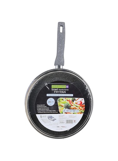 Royalford Smart Fry Pan With Lid 5 Layer Granite Non-Stick Coating Multiple Hob Compatibility Heat-Resistant Handle Hanging Loop Ideal Frying, Cooking, Sauteing &amp; More Grey 28CmRF9954